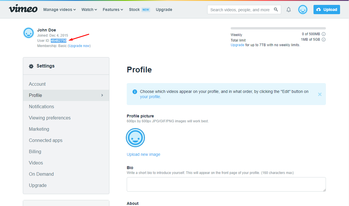 Vimeo get user profile id