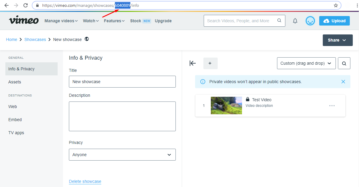 Vimeo showcase get id