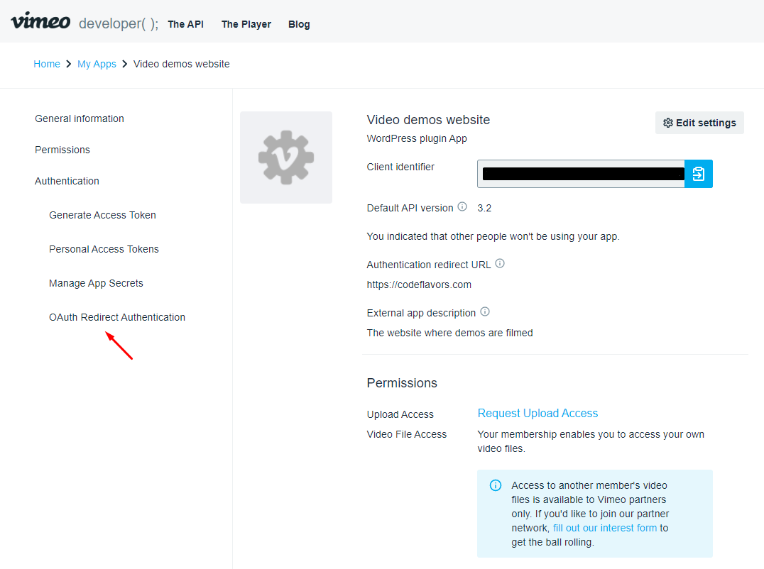 Vimeo app menu Redirect OAuth
