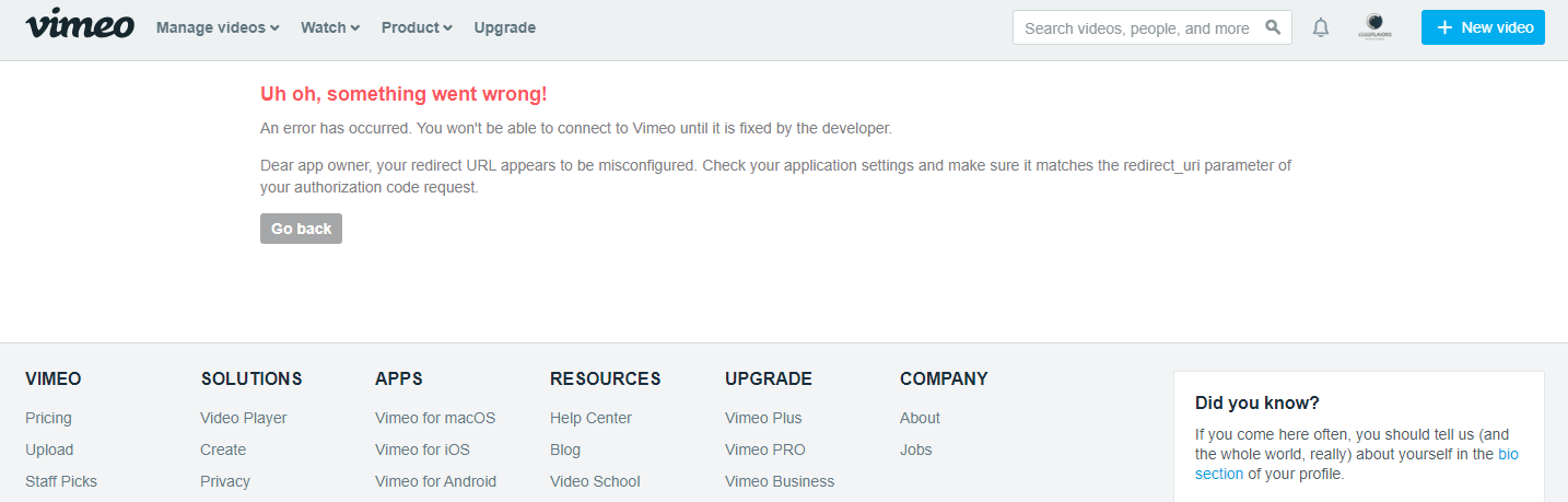 Vimeo uh oh error screen