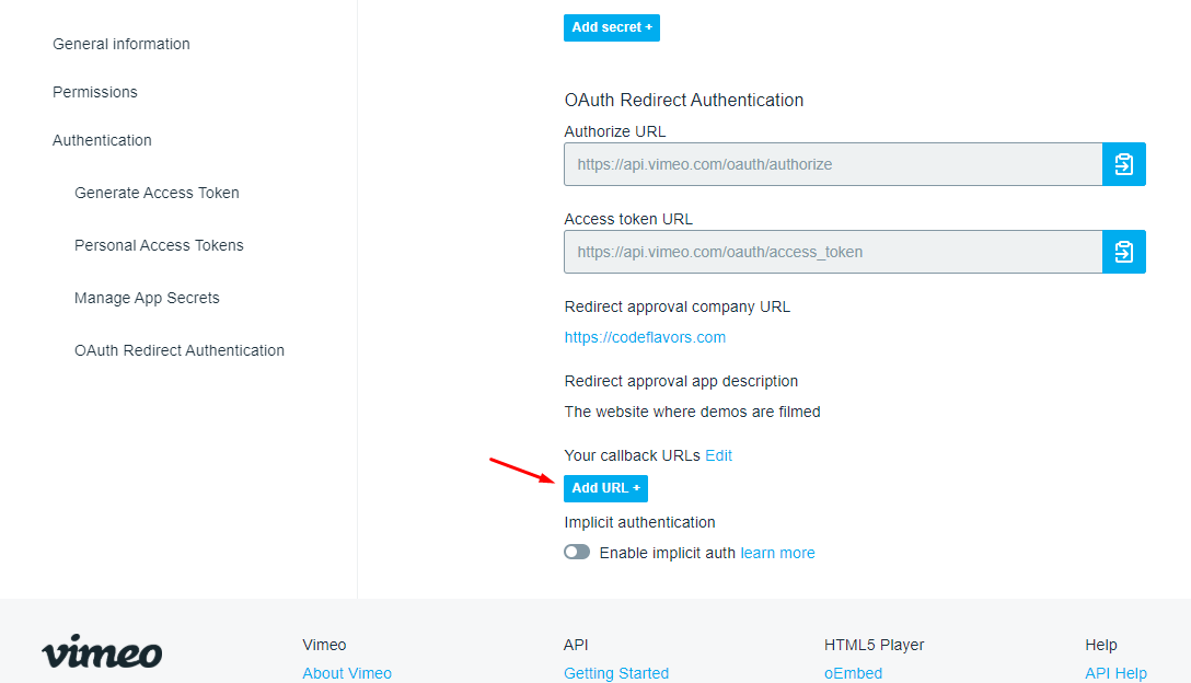 Vimeo api add redirect URL button