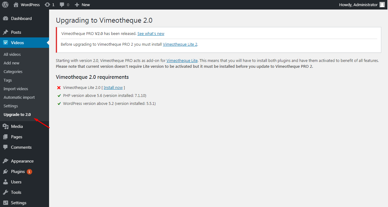 Vimeotheque 1.7 upgrade page