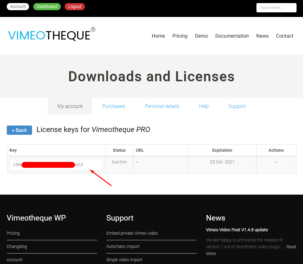 Account license keys list