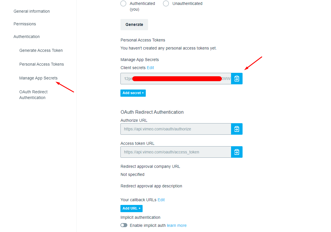Copy client secret from Vimeo app