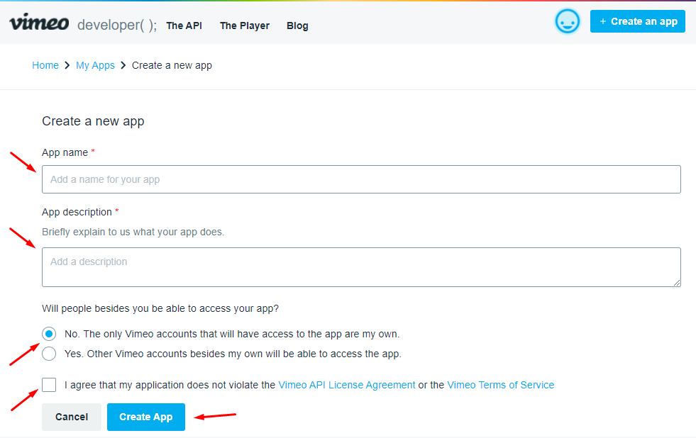 Create new Vimeo developer app