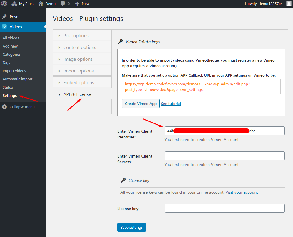 Paste client identifier in Vimeotheque settings