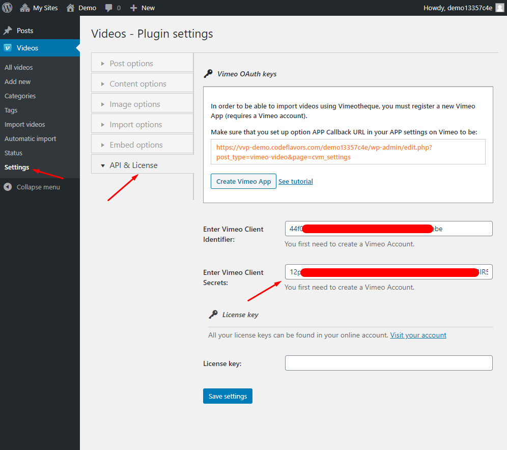 Paste client secrets in Vimeotheque settings