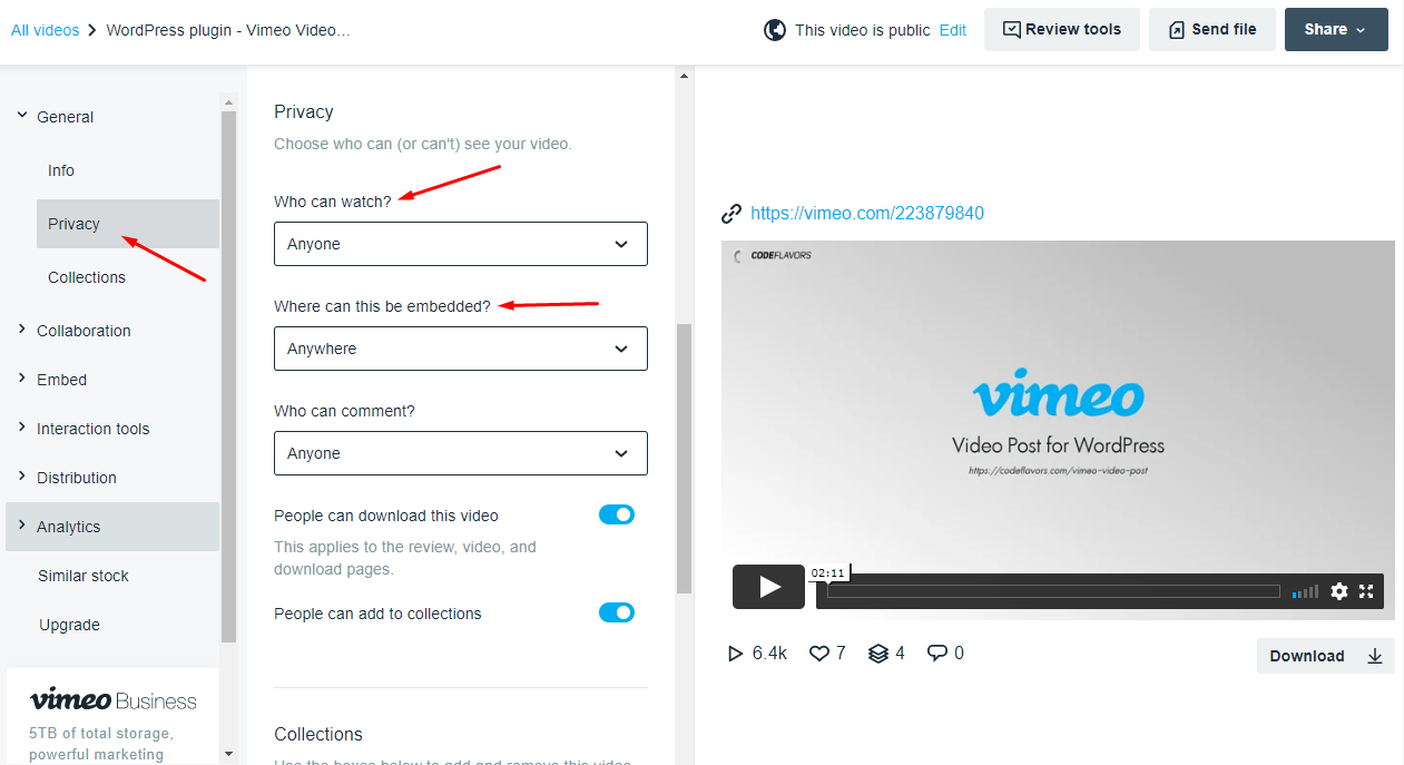 Vimeo video privacy options