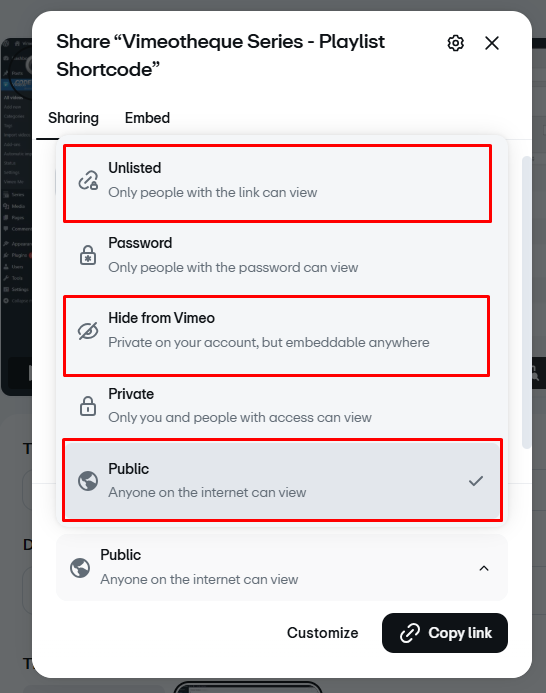Vimeo video privacy settings valid Vimeotheque options