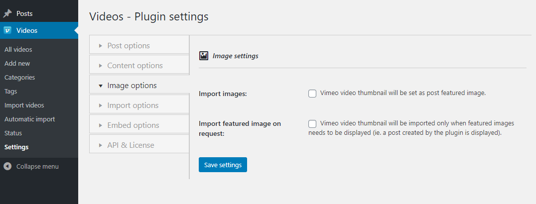 Vimeotheque PRO plugin image import options