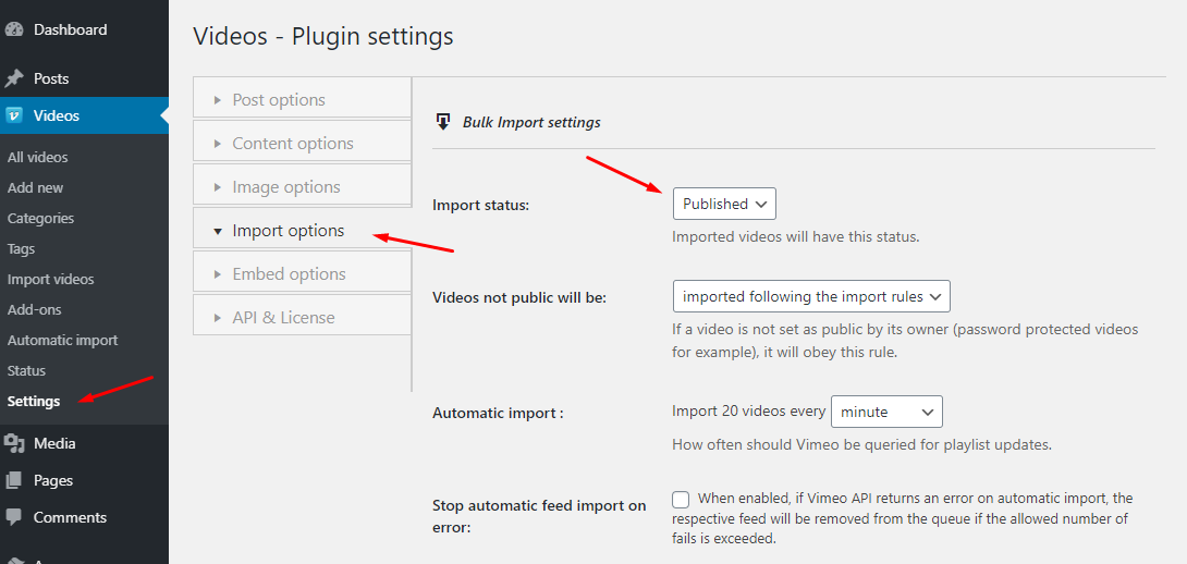 Vimeotheque bulk importers post status default setup