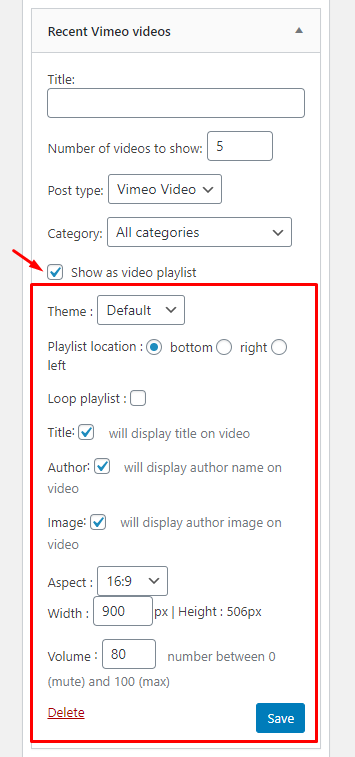 Vimeotheque recent videos widget javascript playlist options