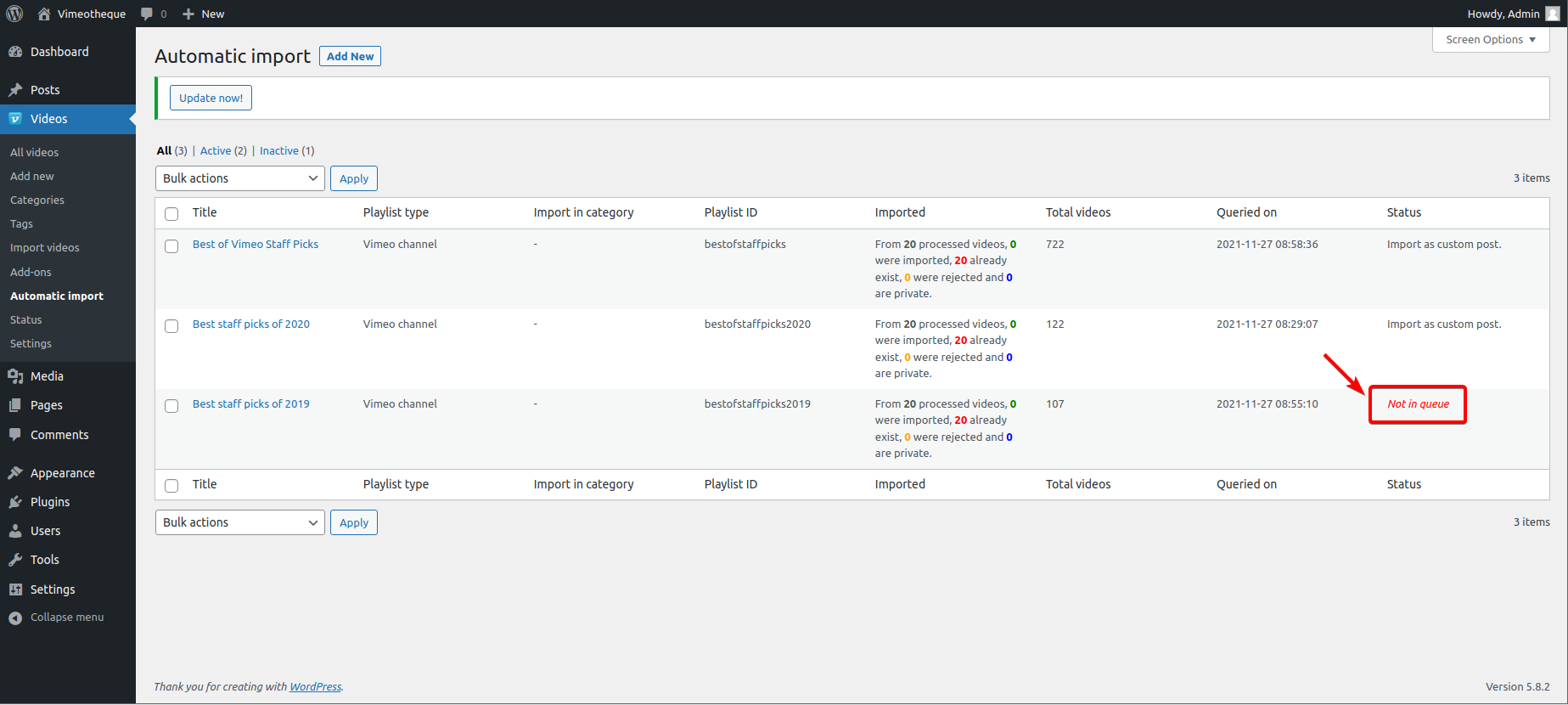 Vimeotheque PRO - Showing the change of status of automatic import