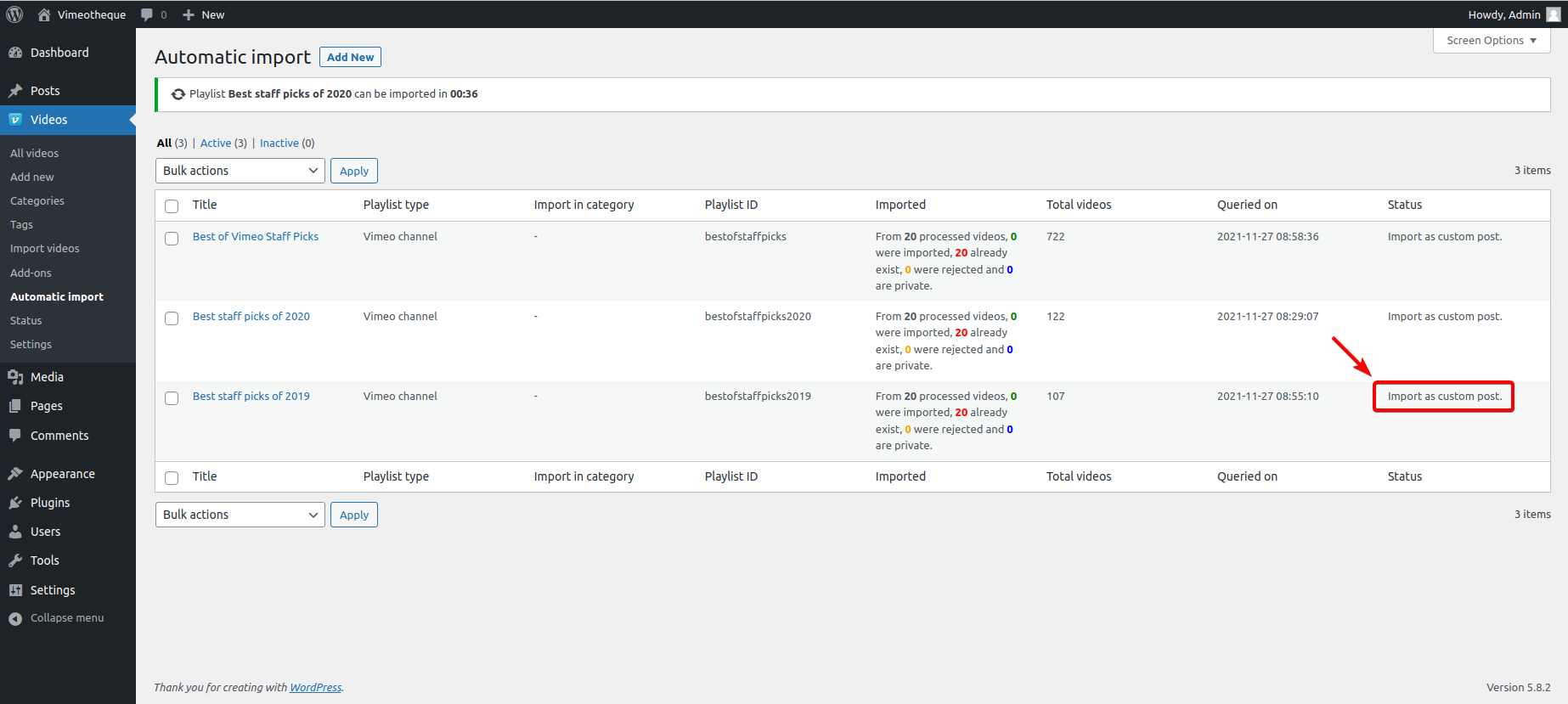 Vimeotheque PRO - Showing the change of status of automatic import