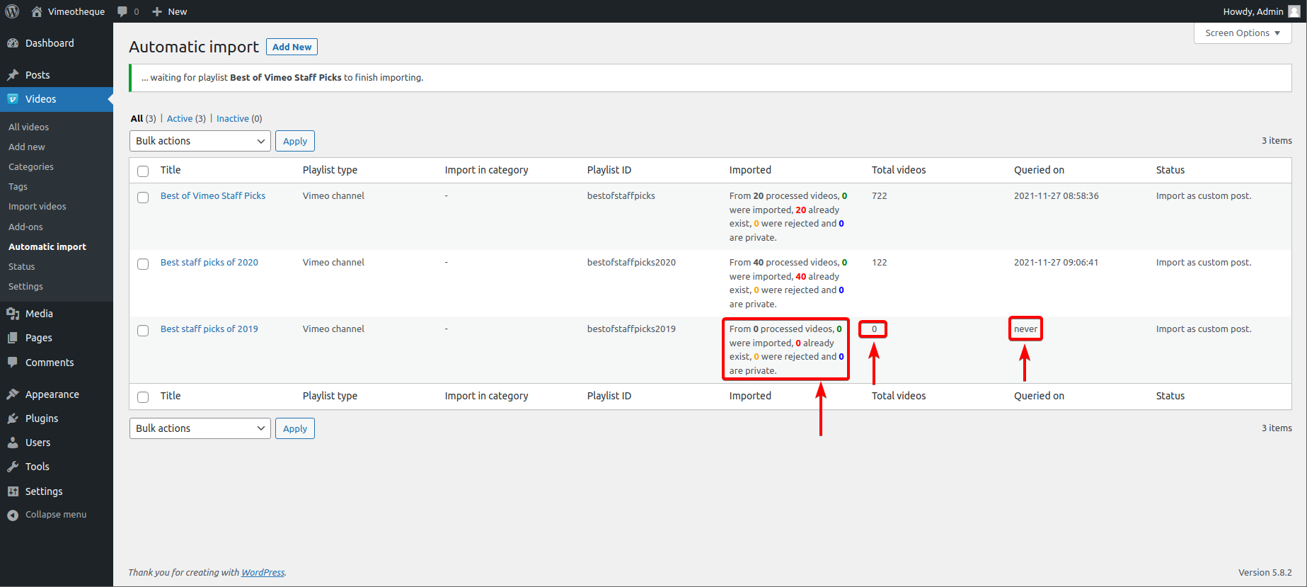 Vimeotheque PRO - Showing the change of status of automatic import