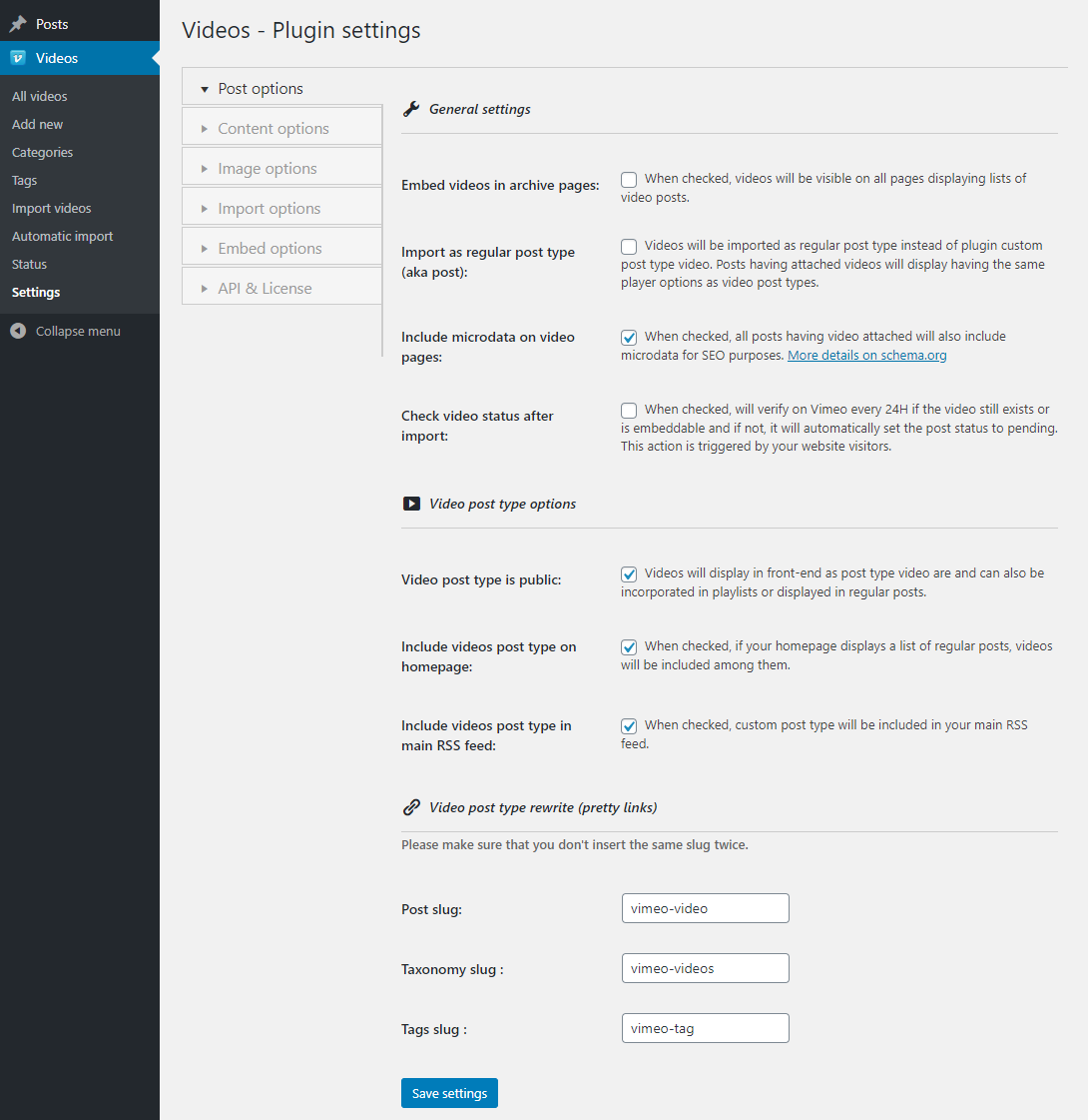 Vimeotheque PRO plugin post options
