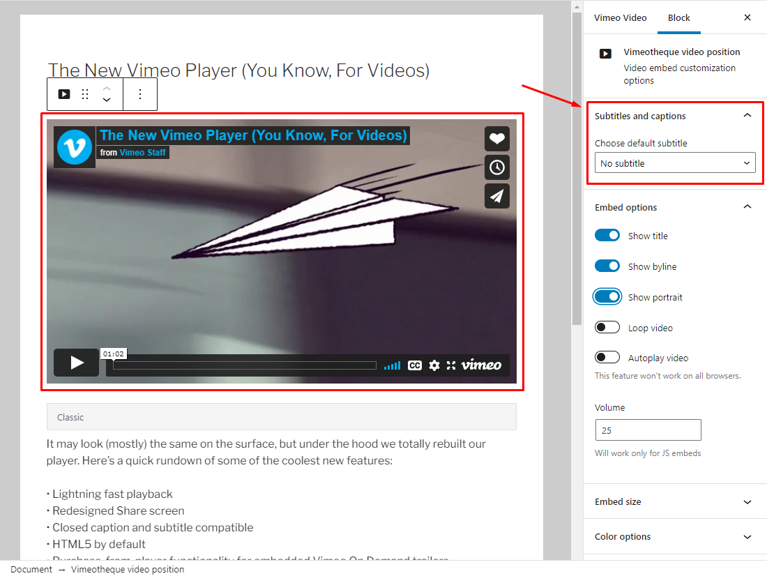 Vimeotheque Subtitles Manager add-on Block editor option