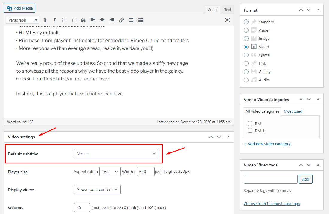 Vimeotheque Subtitles Manager add-on Classic editor option