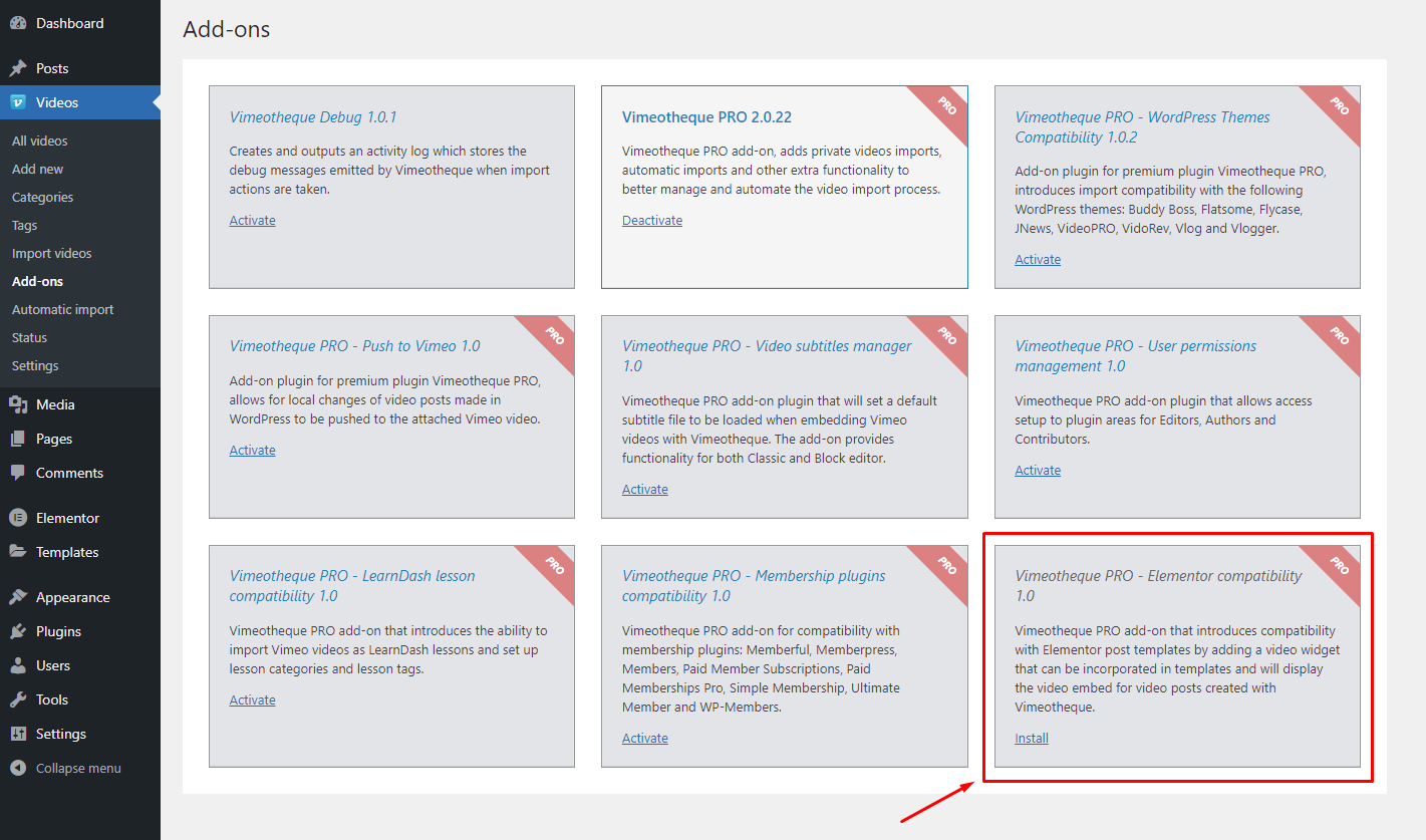 Vimeotheque for Elementor add-on installation