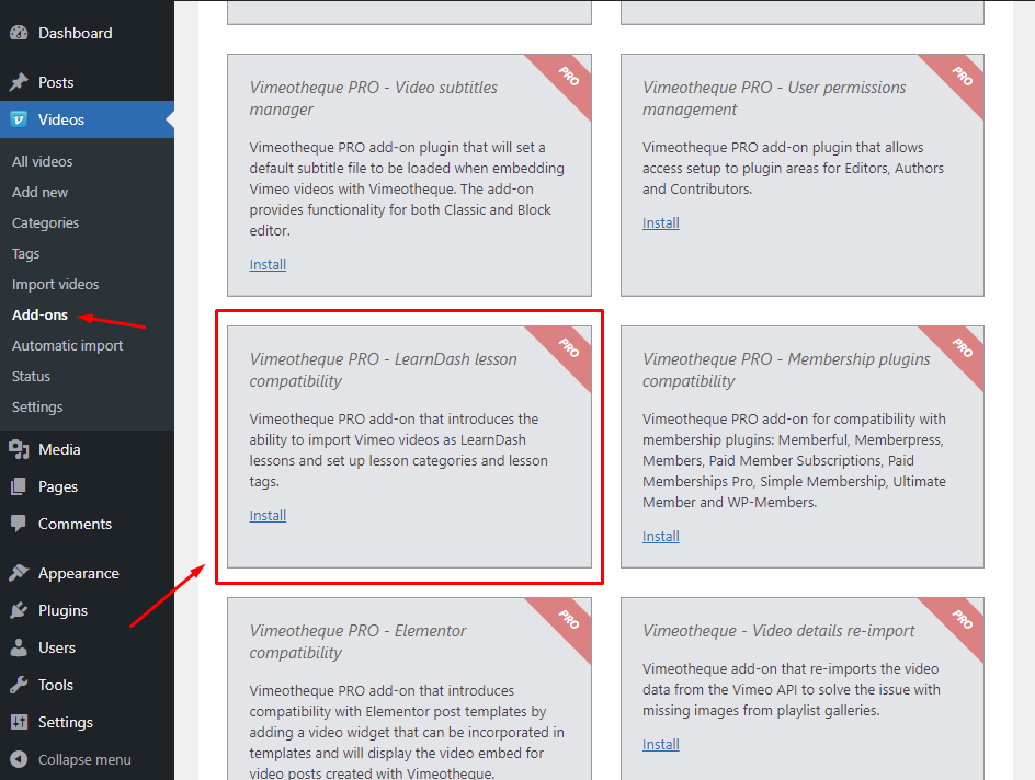 Vimeotheque Learn Dash lesson add-on installation