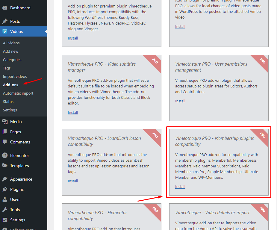 Vimeotheque membership plugins add-on installation