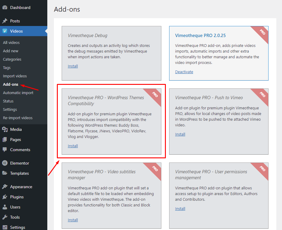 Vimeotheque themes compatibility add-on installation