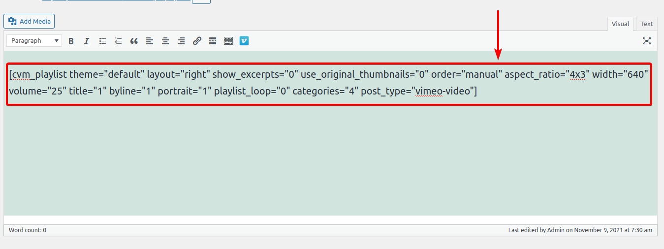 Vimeotheque playlist shortcode in Classic editor
