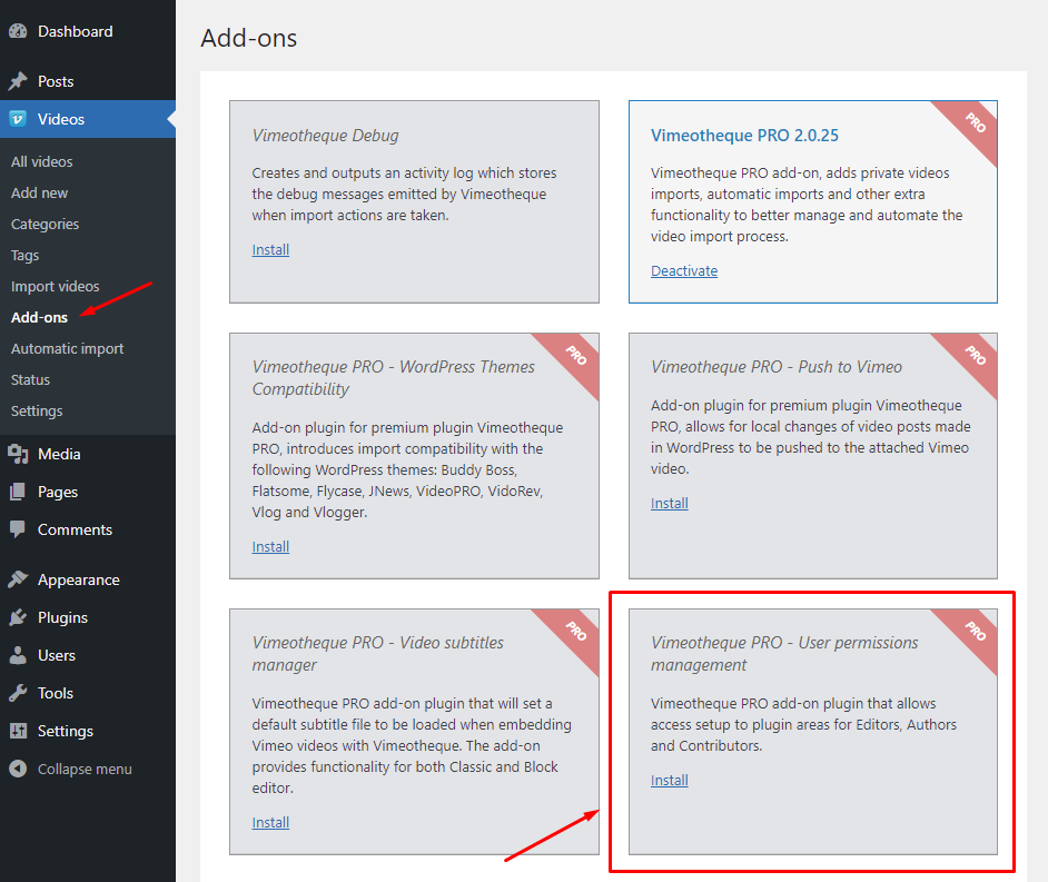 Vimeotheque User Permissions add-on installation