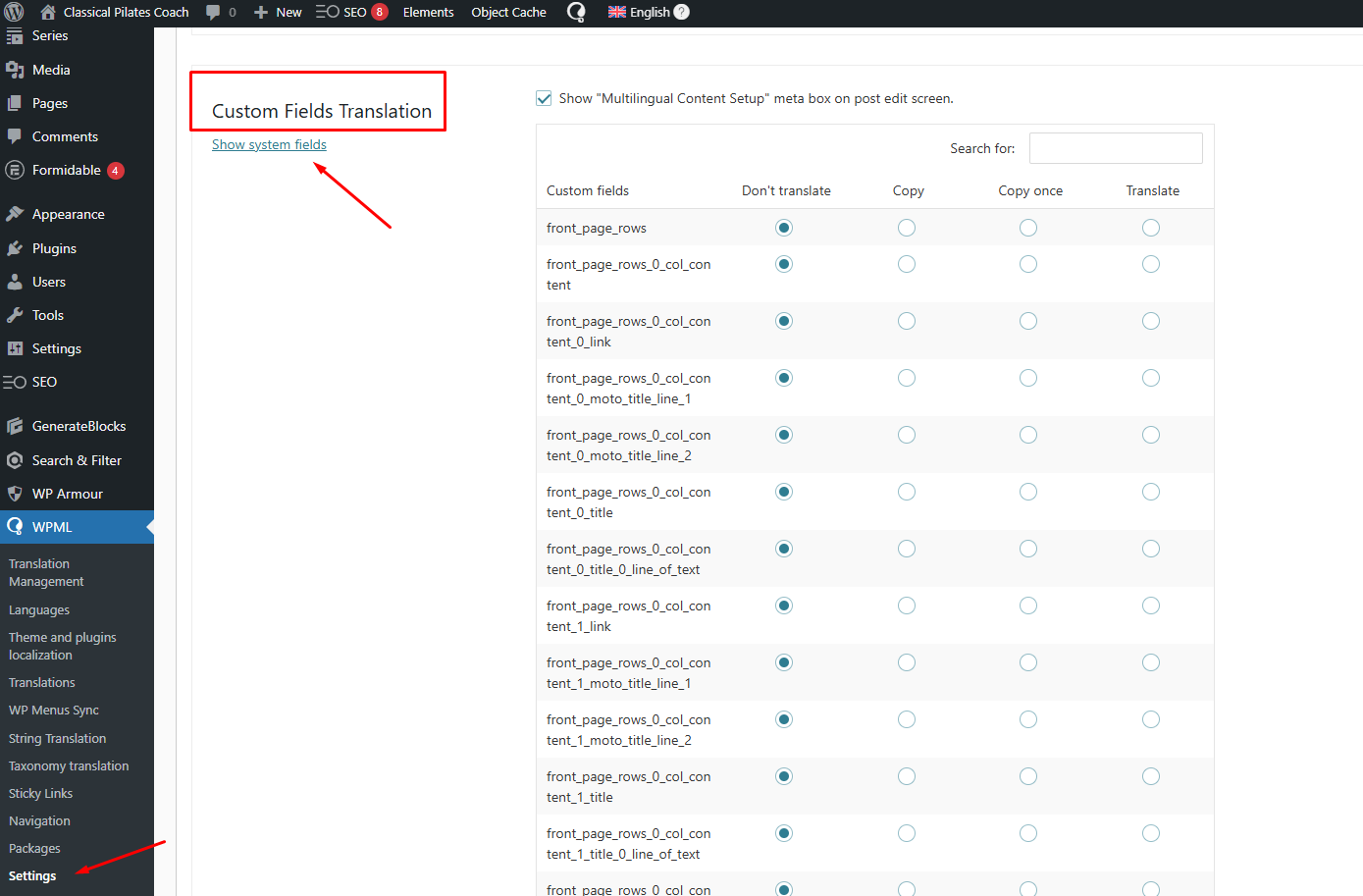 step 1 - open wpml settings page custom fields translation